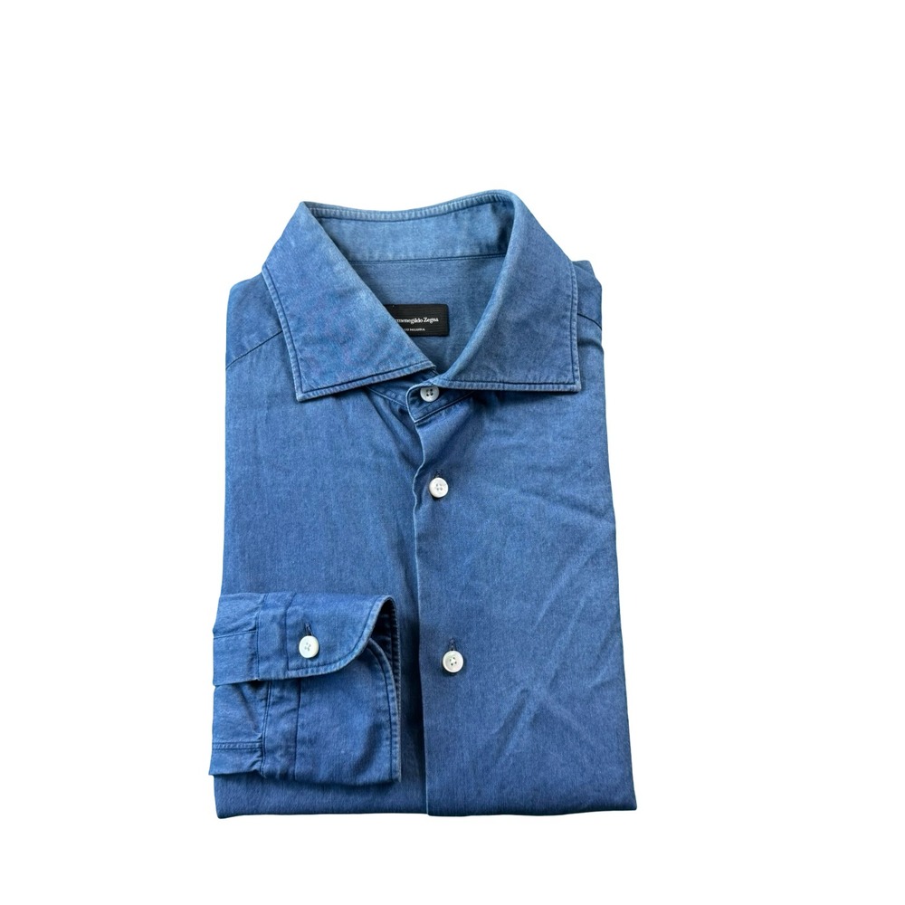 Ermenegildo Zegna Current Blue Chambray Cotton L/S Button Front Size M Slim